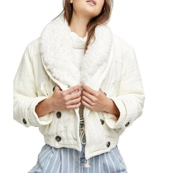 FREE PEOPLE Georgie Ivory White Cropped Bomber Jacket Large - Picture 1 of 5
